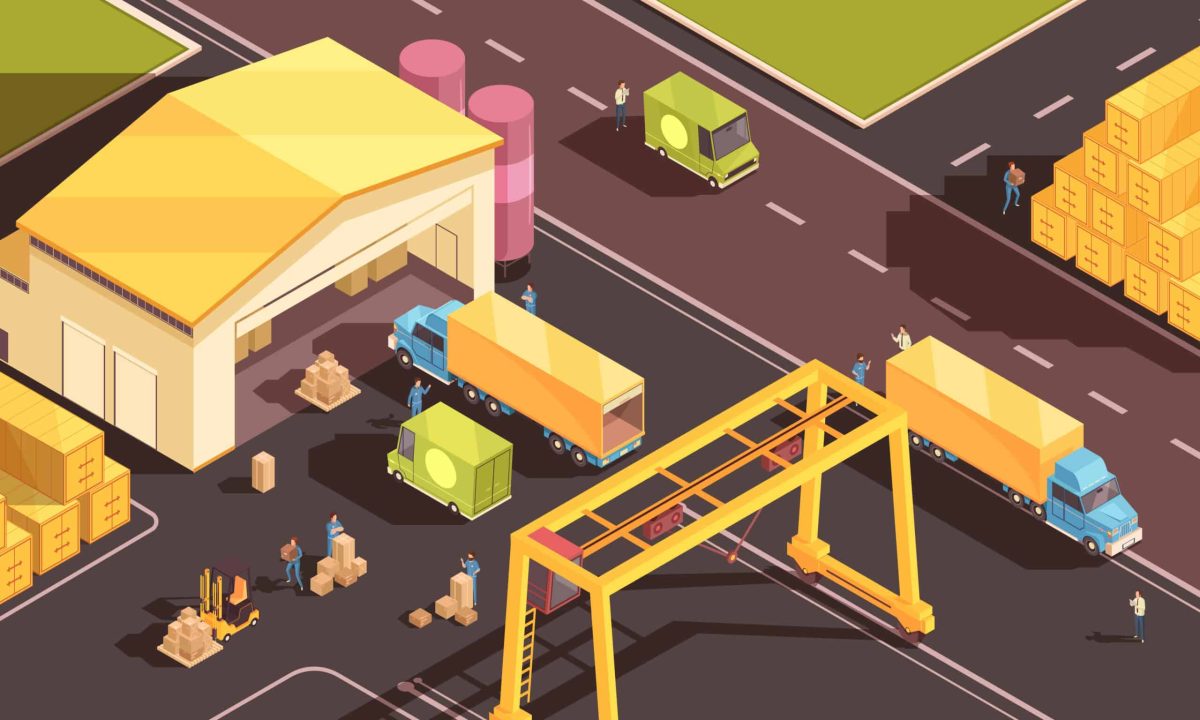 Isometric logistic composition with images of warehouse figures of people with cardboard boxes cargo trucks and cars vector illustration-tipos de stock